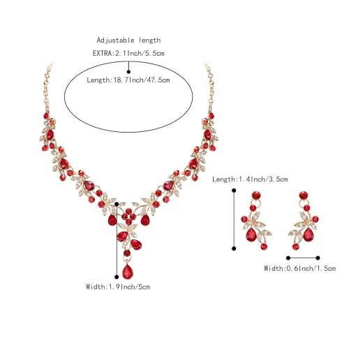 BriLove Wedding Jewelry Set for Women Bride, Y-Necklace Dangle Earrings Crystal Teardrop Leaf Flower Cluster Bridal Bridesmaid - color: 06-Ruby Color Gold-Tone