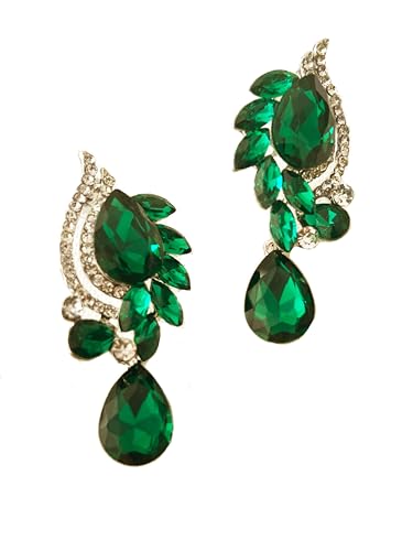 Secret for Longevity Silver Tone Antique Art Deco Vintage Retro Style Flapper Gatsby Dark Green Hunter Emerald Rhinestone Statement Wedding Bridal Prom Necklace Earring Set
