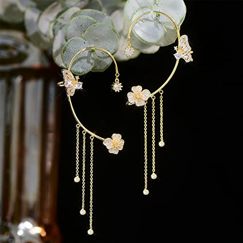 2 Pairs Dainty Silver Butterfly Ear Cuffs & Wraps for Women Non Piercing Bling Butterfly Tassel Style Zircon Earrings Ear Clips Bridal Wedding Jewelry - color: Gold