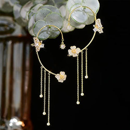 2 Pairs Dainty Silver Butterfly Ear Cuffs & Wraps for Women Non Piercing Bling Butterfly Tassel Style Zircon Earrings Ear Clips Bridal Wedding Jewelry - color: Gold-B