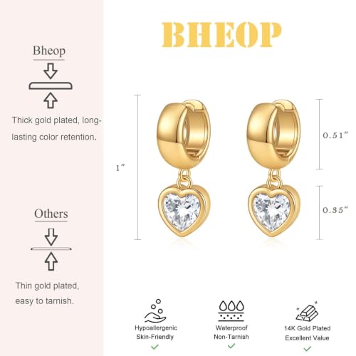 Gold Chunky Dangle Earrings for Women, Bezel Set Cubic Zirconia Charm | 14K Gold Silver Plated, Statement Huggie Hoops Drop Earrings, Trendy Jewelry Gifts, High Grade CZ, Hypoallergenic Lightweight - color: GD-Heart CZ Hoop