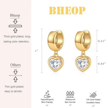 Gold Chunky Dangle Earrings for Women, Bezel Set Cubic Zirconia Charm | 14K Gold Silver Plated, Statement Huggie Hoops Drop Earrings, Trendy Jewelry Gifts, High Grade CZ, Hypoallergenic Lightweight - color: GD-Heart CZ Hoop