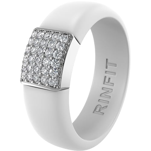 Rinfit Silicone Ring with Metal Plate & CZ for Women | AAAAA Grade Cubic Zirconia Stones, Flexible Rubber Wedding Band, Comfortable Fit, Engagement Ring for Her, Patented Design - color: Pack G: White and Silver