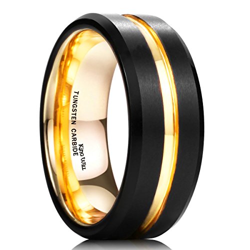 King Will Tungsten Carbide Wedding Band for Men Women-6/8/10mm Width Multicolor Available with Grooved Center Wedding Ring Suitable for Work, Gym Comfort Fit Size 4-16 - color: Black and Gold-8mm