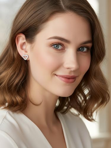 All Moissanites Sparkly Geometric Stud Earrings for Women, Solid 925 Sterling Silver with Rhodium/Gold Plated Hypoallergenic, Lightweight Comfy Earrings - color: Heart - White Gold