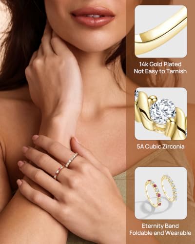 Stackable Half Eternity Rings for Women 14K Gold Plated Wedding Band | Cubic Zirconia/Emearld/Ruby/Sapphire 2.5mm Thin Promise Ring for Mom Wife friends - color: CZ/14K Gold Plated
