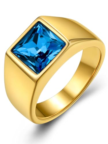 KeyStyle Square Gemstone Signet Rings for Men, Personalized Stainless Steel Pinky Ring with Black Onxy Blue Topaz Birthstone Statement Ring - color: Gold - Blue Topaz - 8mm