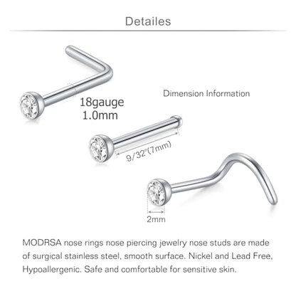 18 Nose Rings Studs Surgical Stainless Steel Hypoallergenic L Shaped Nose Piercing Jewelry for Women Men Silver Black Nostril Hoop Rings 18 Gauge - style: F3