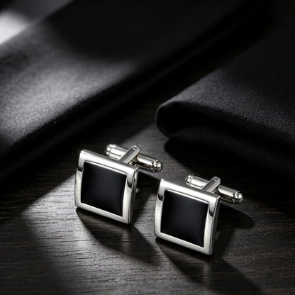 Silver Black Tone Square Men's Cufflinks for French Shirt in Gift Box | Classic Tuxedo Mens Women Cuff Links Set Jewelry for Wedding Party Formal Casual Business Office Dress, Easy to Put on