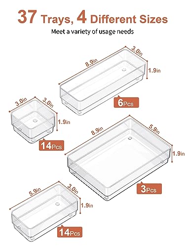 SMARTAKE 37 PCS Drawer Organizer 4 Size Desk Makeup Drawer Organizer Clear | Storage Trays with Non Slip Silicone Pads for Makeup , Jewelries, Utensils in Bedroom Dresser, Office, Kitchen and Bathroom - style: 37 PCS
