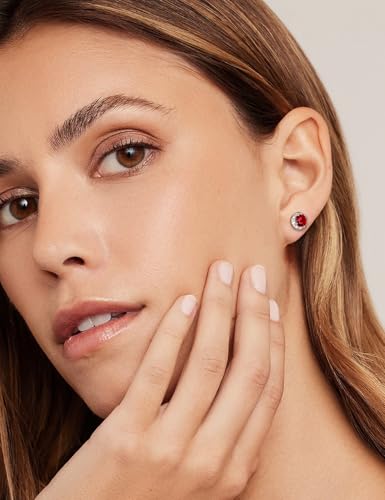 Dainty Birthstone Earrings for Women Sterling Silver Small Stud Earrings with Halo Cushion/Round Created Gemstone Earrings Birthstone Jewelry - style: B 07. July/created ruby-round cut