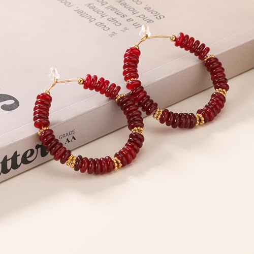 Wellike Beaded Hoop Earrings for Women Natural Stone Pink Gold Huggie Earrings Hypoallergenic Dainty Waterproof Trendy Jewelry - color: Burgundy, size: 45mm