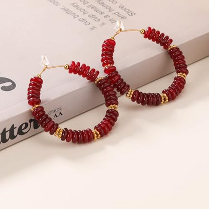 Wellike Beaded Hoop Earrings for Women Natural Stone Pink Gold Huggie Earrings Hypoallergenic Dainty Waterproof Trendy Jewelry - color: Burgundy, size: 45mm