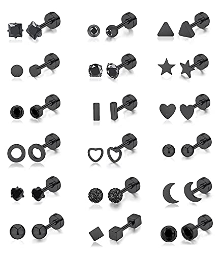 18Pairs 20G 18G Stainless Steel Tiny Stud Earrings for Women Cartilage Helix Earrings Ball Star CZ Earrings - color: Black, size: 18G