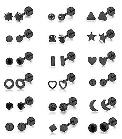 18Pairs 20G 18G Stainless Steel Tiny Stud Earrings for Women Cartilage Helix Earrings Ball Star CZ Earrings - color: Black, size: 18G