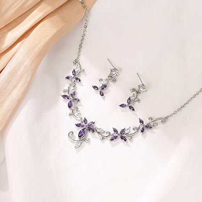 Crysdue Flower Leaf Wedding Jewelry Set for Bridal Bridemaid, Cubic Zirconia Teardrop Elegant Silver/14K/Rose Gold Plated Vine Necklace Dangle Earrings for Prom Party - style: A_Purple