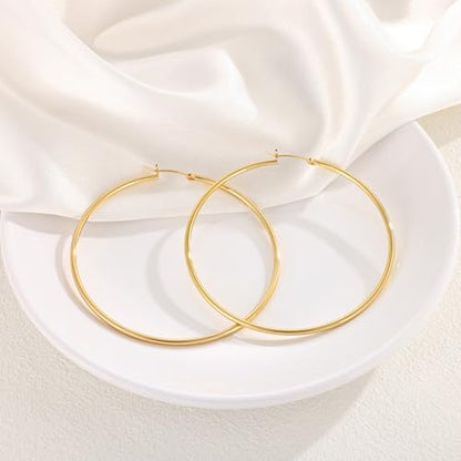 Gold Hoop Earrings for Women 14K Gold Plated | 925 Sterling Silver Post Hypoallergenic Hoop Earrings - color: Gold, size: 70mm