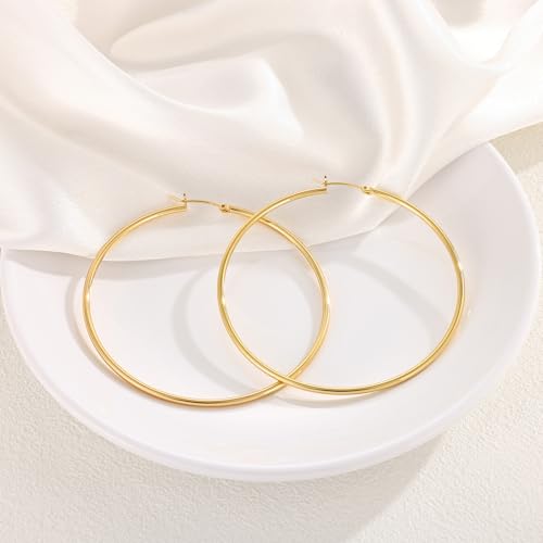 Gold Hoop Earrings for Women 14K Gold Plated | 925 Sterling Silver Post Hypoallergenic Hoop Earrings - color: Gold, size: 70mm
