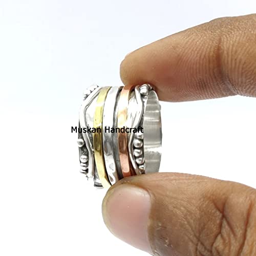 925 Sterling Silver 3 Tone Spinner Band Ring, Hammered Spin Yoga Ring, Spinning Dainty Ring, Unique Handmade Wedding Gifts Ring For Women