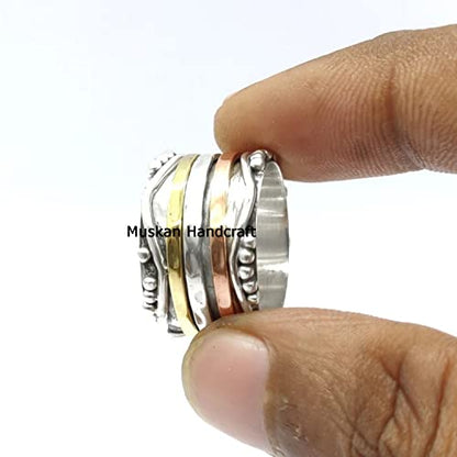 925 Sterling Silver 3 Tone Spinner Band Ring, Hammered Spin Yoga Ring, Spinning Dainty Ring, Unique Handmade Wedding Gifts Ring For Women