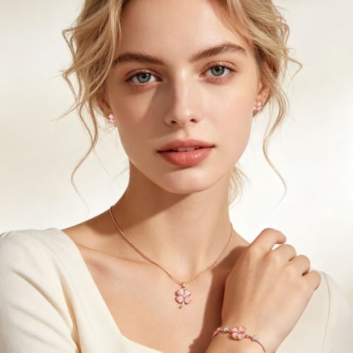 NEWITIN 4 Pcs Pink Jewelry Set for Women Lucky Necklace Bracelet Earrings | Hypoallergenic, Rose Gold Plated, Pink Cat Eye Stone, Four-Leaf Clover Necklace Bracelet Earring, Lucky Jewelry Set for Women