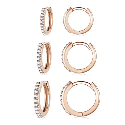 Silver Hoop Earrings for Women, 3 Pairs Small Sterling Silver Huggie Earrings | Tiny Cubic Zirconia Cartilage Cuff Earrings Hoop Piercing Jewellery for Men Teens (8mm/10mm/12mm) - color: 3 Pairs(8/10/12mm)-Rose gold
