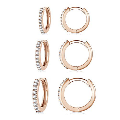 Silver Hoop Earrings for Women, 3 Pairs Small Sterling Silver Huggie Earrings | Tiny Cubic Zirconia Cartilage Cuff Earrings Hoop Piercing Jewellery for Men Teens (8mm/10mm/12mm) - color: 3 Pairs(8/10/12mm)-Rose gold