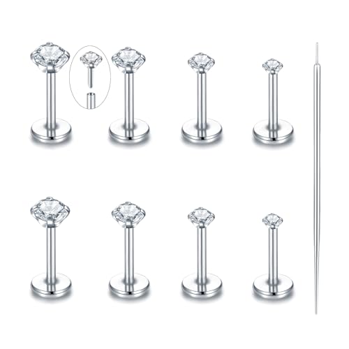 Oveta Threadless Push in Lip Rings 16G/18G/20G Labret Jewelry CZ Lip Studs Stainless Steel Cartilage Earrings for Women Monroe Medusa Piercing Jewelry 6/7/8/10/12mm Bar Length - color: Silver, size: 20G*6mm bar*1.5/2/2.5/3mm cz