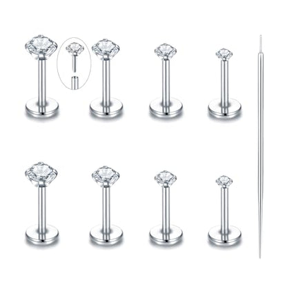 Oveta Threadless Push in Lip Rings 16G/18G/20G Labret Jewelry CZ Lip Studs Stainless Steel Cartilage Earrings for Women Monroe Medusa Piercing Jewelry 6/7/8/10/12mm Bar Length - color: Silver, size: 20G*6mm bar*1.5/2/2.5/3mm cz
