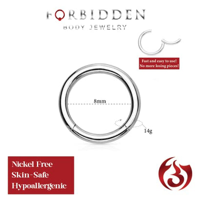 Forbidden Body Jewelry 316L Surgical Steel Hinged Seamless Nose Rings Hoop 14G 16G 18G, Diameter 6mm 8mm 10mm 12mm, Gold/Rose Gold/Silver/Black/Rainbow Colors. - style: 14g 8mm - Silver