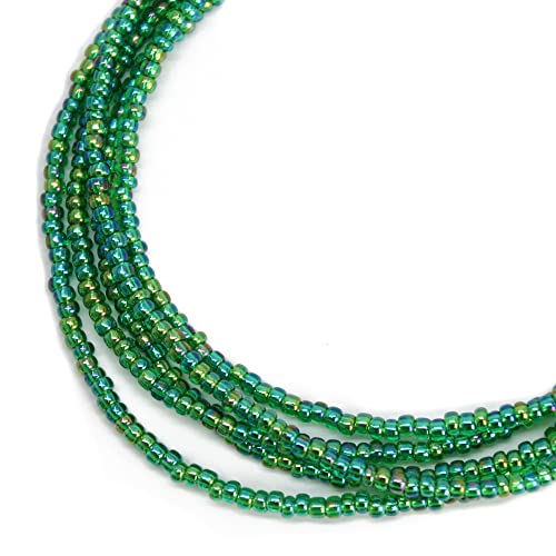 Kathy Bankston Handmade Transparent Rainbow Emerald Green Seed Bead Necklace, Thin 1.5mm Single Strand