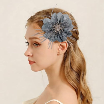 4" Crystal Feather Flower Brooch Pin for Women Girls Dainty Bright Satin Rhinestone Floral Brooches Lapel Hair Pins Elegant Wedding Cocktail Prom Party Hat Bag Suit Clothing Dress Accessories Jewelry Gift - color: Grey