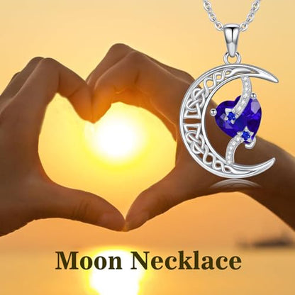 TOUPOP Moon and Star Birthstone Necklace for Women 925 Sterling Silver Celtic Moon Jewelry Birthday Mothers Day Gifts for Mom Wife Her - color: 09-September-Sapphire