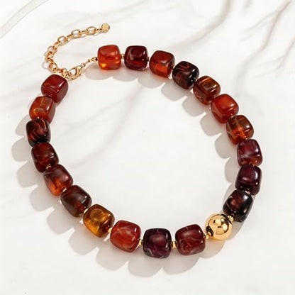 Colorful Statement Chunky Beaded Necklace for Women Large Square Resin Beads Y2K Trendy Bold Summer Vacation Boho Choker Jewelry - color: Brown