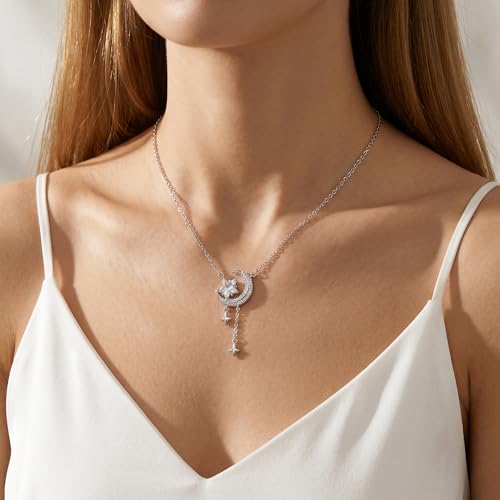 Reffeer Solid 925 Sterling Silver Moon Star Necklace for Women Teen Girls CZ Moon Choker Necklace Dainty Star Pendant Necklace - color: A-Silver