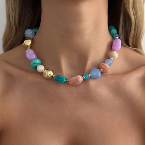 Chunky Acrylic Beaded Necklace for Women Colorful Acrylic Resin Beaded Choker Big Round Beads Statement Necklace Fashion Jewelry - color: Pink