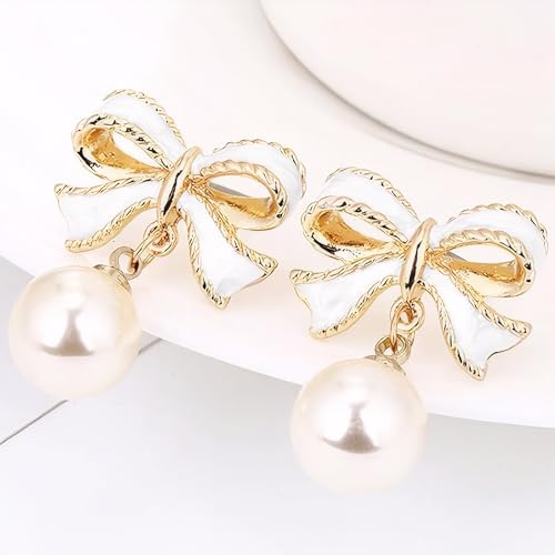 Gold Bow Earrings for Women, Long Tassel Chain Drop Earrings, Trendy Small Bow Earrings, Ribbon Waterfall Dangling Earrings, Pearl Bow Earrings, Sparkly Elegant Bowknot Preppy Jewelry Gifts for Women - color: Gold Bow-L
