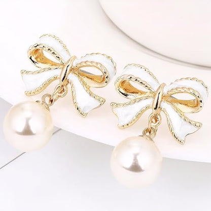 Gold Bow Earrings for Women, Long Tassel Chain Drop Earrings, Trendy Small Bow Earrings, Ribbon Waterfall Dangling Earrings, Pearl Bow Earrings, Sparkly Elegant Bowknot Preppy Jewelry Gifts for Women - color: Gold Bow-L