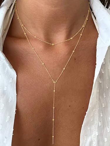 Lariat Necklace for Women, Dainty Long Necklaces, 14k Gold/Silver Plated Y-Shaped Drop Chain Necklace, Simple Layered Necklaces, Trendy Jewelry Gifts - style: Y Layered Bead Necklace-Gold