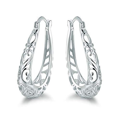 Barzel 18K Gold Plated Filigree Hoop Earrings - color: White Gold