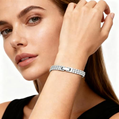 Gold Tennis Bracelets for Women 3-Row Rhinestone Stackable Bangle Bling Zirconia Crystal Silver Chain Dainty Cuff Flexible Fashion Jewelry for Wife Anniversary Mom Her Birthday Gifts - color: Silver