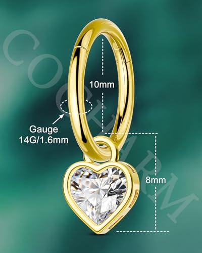 Clicker Belly Button Rings 14G Heart Dangle Belly Navel Rings for Women Surgical Steel Navel Belly Button Piercing Jewelry - color: YG-10MM