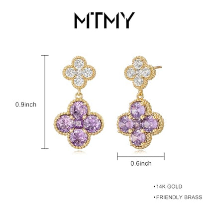 MTMY Dangle Earrings for Women 14K Gold Plated Four Leaf Clover Dangling Drop Birthstone Stud Earrings Trendy Flower Birthstone Jewelry Birthday Gifts - style: Feb.-Amethyst