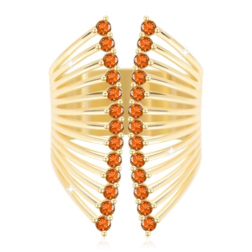 Rhinestone Butterfly Rings for Women, Cubic Zirconia Fake Diamond Adjustable Thumb Ring, Chunky Vintage Gemstone Rings, Available in Gold Plated and Silver Plated - color: Gold, Orange-Red