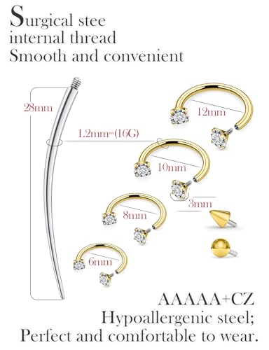 16g Septum Rings Internally Threaded Surgical Steel Septum Jewelry Lip Rings Hoop Labret Jewelry Horseshoe Earrings Daith Piercing Jewelry for Women Men 6mm 8mm 10mm 12mm Silver Gold - color: Gold 16G Horseshoe Rings
