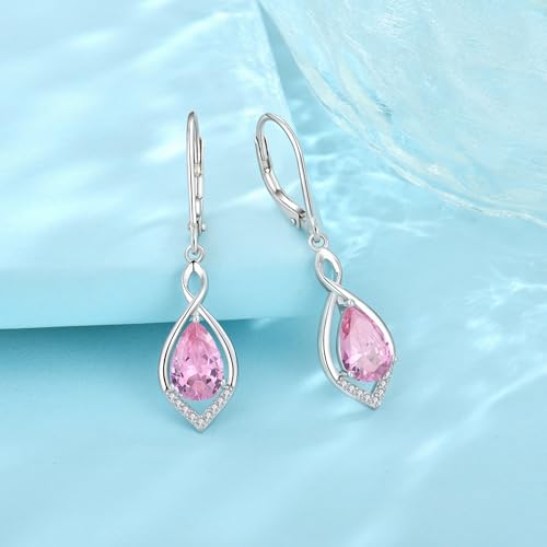 Infinity Teardrop Earrings 925 Sterling Silver Dangle Drop Leverback Earrings Birthstone Jewelry for Women - color: Pink