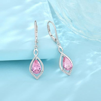 Infinity Teardrop Earrings 925 Sterling Silver Dangle Drop Leverback Earrings Birthstone Jewelry for Women - color: Pink