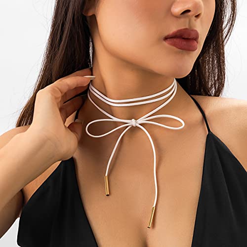 Gothic Velvet Bowknot Choker Necklace Bow Long Wrap Collar Necklace Party Prom Accessories - color: White