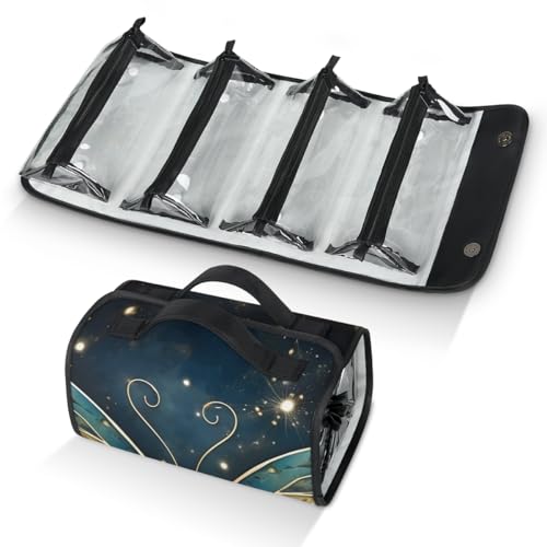 Boho Butterfly Hanging Roll Up Cosmetic Bag with 4 Removable Storage Bags Waterproof Foldable Toiletry Kit for Women - color: Multicolor 15