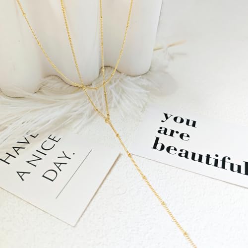 HERIER Lariat Gold Necklace for Women, Dainty Long Necklace 14k Gold Plated/Silver Y-Shaped Layered Beaded Chain Drop Necklaces for Women Trendy Simple Gold Jewelry for Women Gifts - color: Y Small Layered Bead-Gold
